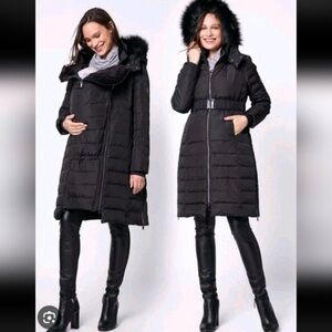 Seraphine Extra-Long Black Puffer Maternity Coat with Pouch for Baby